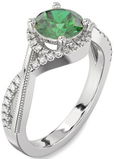 Diamond Emerald Platinum Halo Round Vintage Engagement Ring