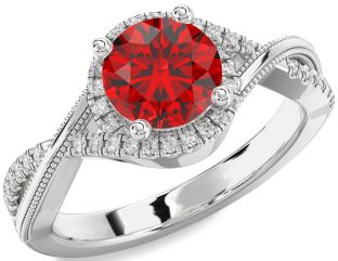 Diamond Ruby Platinum Halo Round Solitaire Engagement Ring