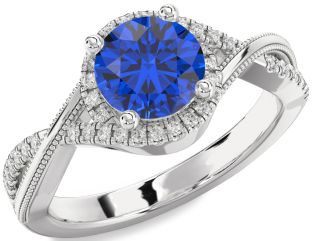 Diamond Blue Sapphire Platinum Halo Round Solitaire Engagement Ring