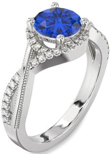 Diamond Blue Sapphire Platinum Halo Round Vintage Engagement Ring