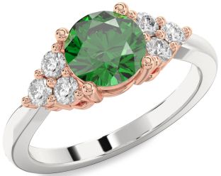 Diamond Emerald Silver & 10K Rose Gold Round Solitaire Engagement Ring