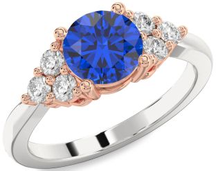 Diamond Blue Sapphire Silver & 10K Rose Gold Round Engagement Ring