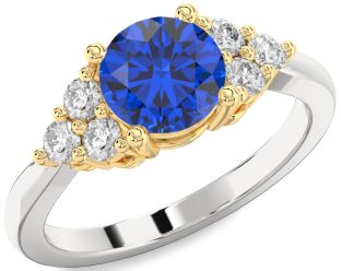 Diamond Blue Sapphire Silver & 10K gold Round Engagement Ring
