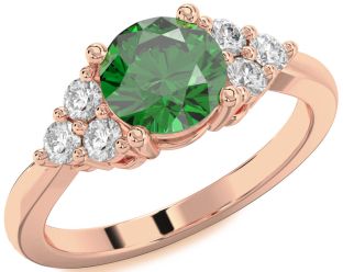 Diamond Emerald Rose Gold Round Solitaire Engagement Ring