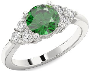 Diamond Emerald Platinum Round Solitaire Engagement Ring