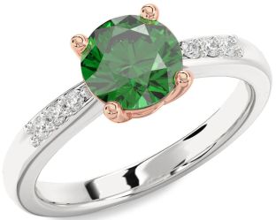 Diamond Emerald Silver & 10K Rose Gold Round Solitaire Engagement Ring