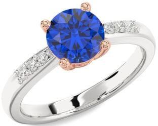 Diamond Blue Sapphire White Rose Gold Round Solitaire Engagement Ring