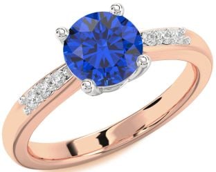 Diamond Blue Sapphire Rose Gold Silver Round Solitaire Engagement Ring