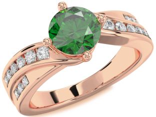 Diamond Emerald Rose Gold Round Solitaire Engagement Ring