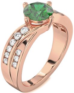Diamond Emerald Rose Gold Round Solitaire Engagement Ring