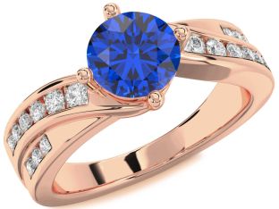 Diamond Blue Sapphire Rose Gold Round Solitaire Engagement Ring
