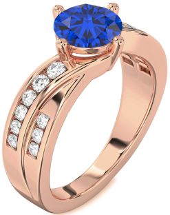 Diamond Blue Sapphire Rose Gold Round Solitaire Engagement Ring