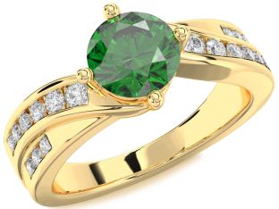 Diamond Emerald Gold Round Solitaire Engagement Ring