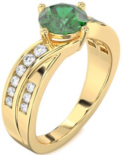 Diamond Emerald Gold Round Solitaire Engagement Ring