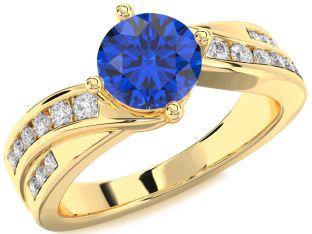 Diamond Blue Sapphire Gold Round Solitaire Engagement Ring