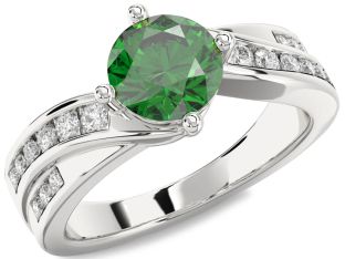 Diamond Emerald Platinum Round Solitaire Engagement Ring