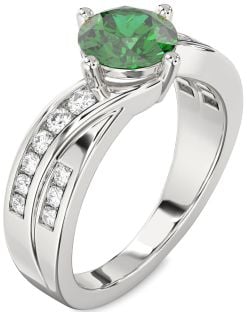 Diamond Emerald Platinum Round Solitaire Engagement Ring