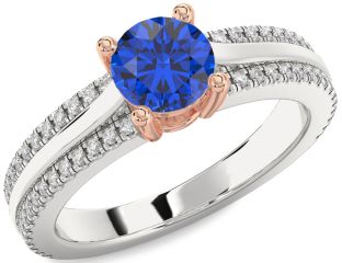 Diamond Blue Sapphire Silver & 10K Rose Gold Round Solitaire Engagement Ring