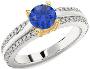 Diamond Blue Sapphire Silver & 10K gold Round Solitaire Engagement Ring