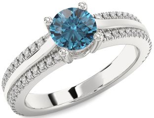 Blue Diamond Silver Round Solitaire Engagement Ring