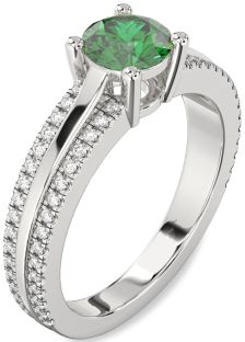 Diamond Emerald Platinum Round Solitaire Engagement Ring