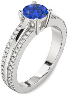 Diamond Blue Sapphire Silver Round Solitaire Engagement Ring