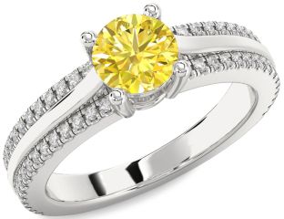 Yellow Diamond Silver Round Solitaire Engagement Ring