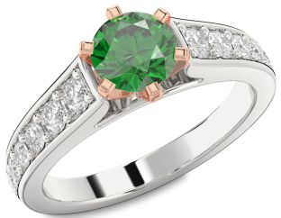 Diamond Emerald Silver & 10K Rose Gold Round Solitaire Engagement Ring