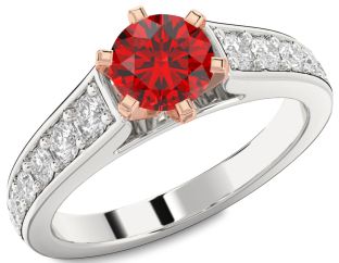 Diamond Ruby Silver & 10K Rose Gold Round Solitaire Engagement Ring