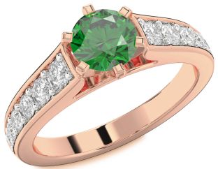 Diamond Emerald Rose Gold Round Solitaire Engagement Ring