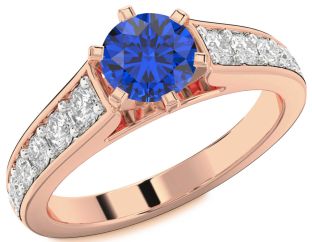 Diamond Blue Sapphire Rose Gold Round Solitaire Engagement Ring