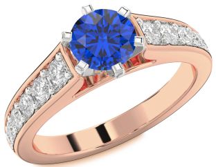 Diamond Blue Sapphire White Rose Gold Round Solitaire Engagement Ring