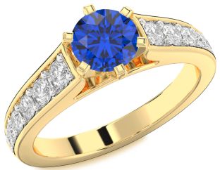 Diamond Blue Sapphire Gold Round Solitaire Engagement Ring
