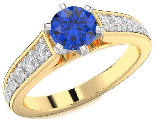 Diamond Blue Sapphire Gold Silver Round Solitaire Engagement Ring