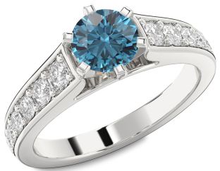 Blue Diamond Silver Round Solitaire Engagement Ring