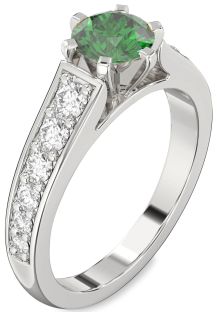 Diamond Emerald Platinum Round Solitaire Engagement Ring