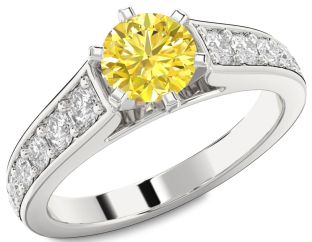 Yellow Diamond Silver Round Solitaire Engagement Ring