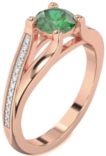 Diamond Emerald Rose Gold Round Solitaire Engagement Ring