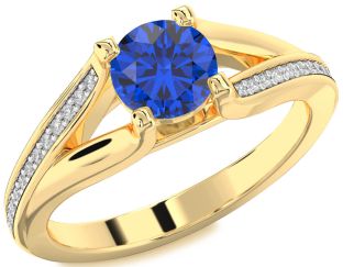Diamond Blue Sapphire Gold Round Solitaire Engagement Ring