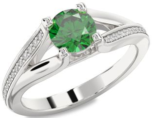 Diamond Emerald Platinum Round Solitaire Engagement Ring