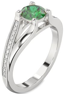 Diamond Emerald Platinum Round Solitaire Engagement Ring