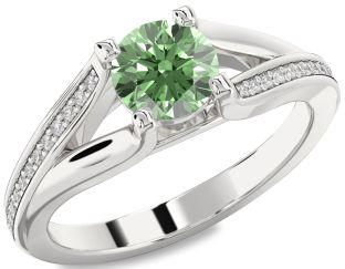 Green Diamond Silver Round Solitaire Engagement Ring