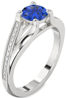 Diamond Blue Sapphire Silver Round Solitaire Engagement Ring