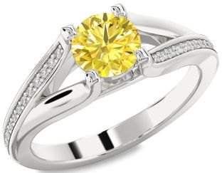 Yellow Diamond Silver Round Solitaire Engagement Ring