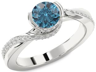 Blue Diamond Silver Round Solitaire Engagement Ring