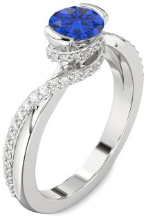 Diamond Blue Sapphire Silver Round Solitaire Engagement Ring