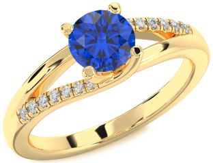 Diamond Blue Sapphire Gold Round Solitaire Engagement Ring