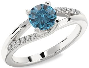 Blue Diamond Silver Round Solitaire Engagement Ring