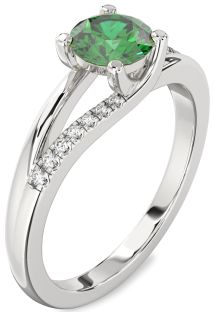 Diamond Emerald Platinum Round Solitaire Engagement Ring