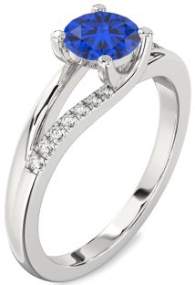 Diamond Blue Sapphire Silver Round Solitaire Engagement Ring